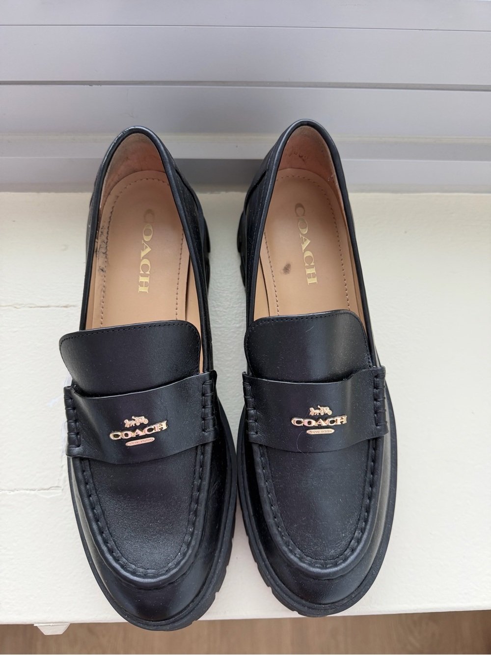 Coach Leah Platform Lug Sole Loafer - Black Leather - Size 8.5